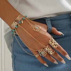 Boho Turquoise Flower Chain Hand Bracelet Ring Set – Gold Tone Bracelet